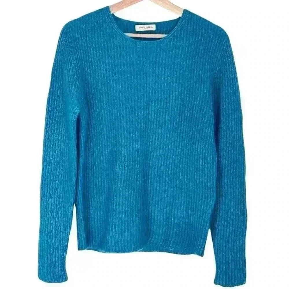 Roberto Collina Silk Mohair Ribbed Knit Crewneck Sweater Blue Made in Italy